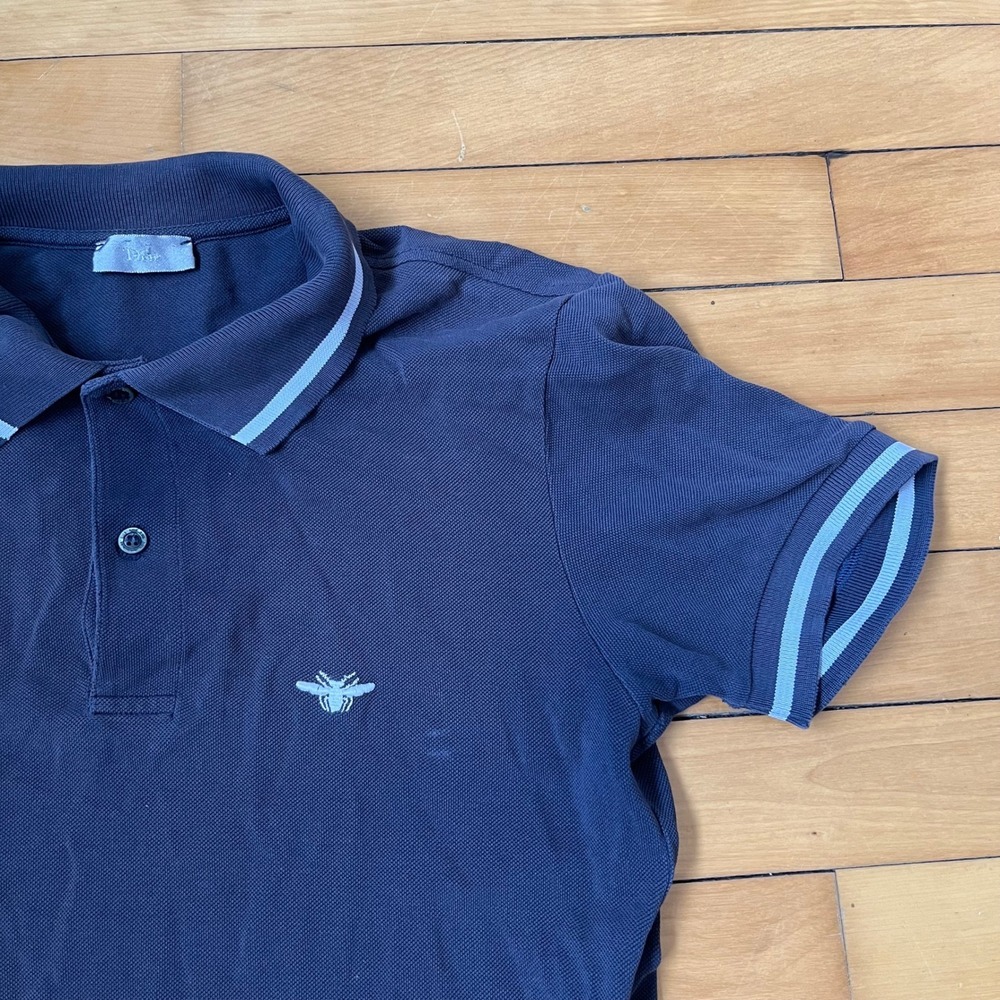 Dior Homme Mens Navy Blue Bee Embroidered Pique Polo Shirt Size 46 Small - Picture 4 of 8